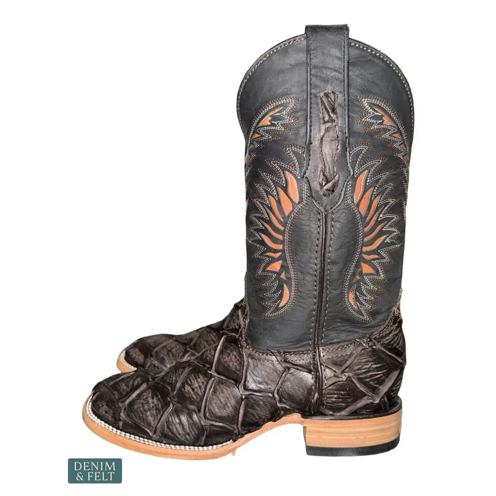 NEW Ranch Industry Pirarucu Fish Leather Cowboy Boots Dark Brown‎ Western Size 7